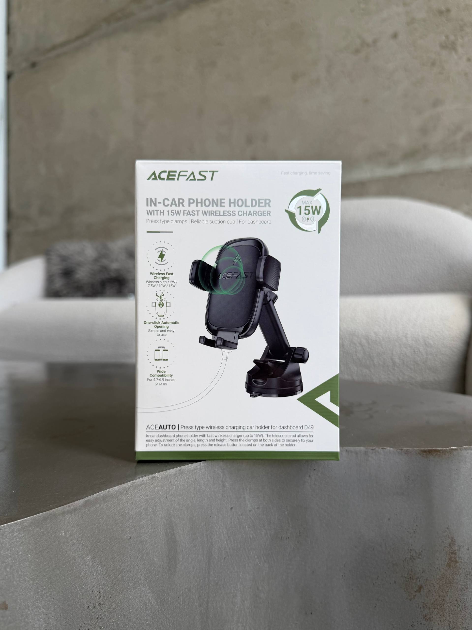 Автомобільний тримач AceFast D49 з бездротовою зарядкою 15W